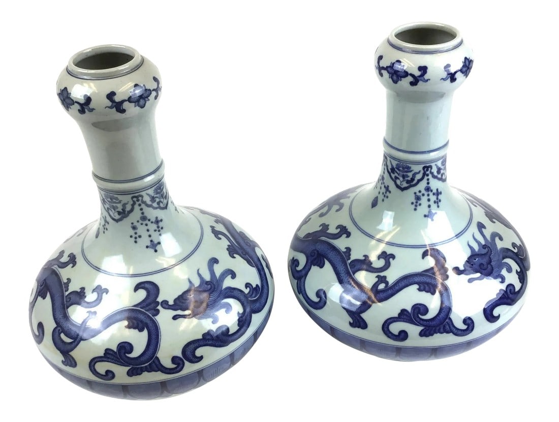 Antique Chinese Daoguang Marked Vases a - a Pair: Gorgeous pair of Yongle Period inspired shape of the infamous Garlic Neck. These vases were most likely produced during the Republic Dynasty. Very hard to say exactly what the date would be. The