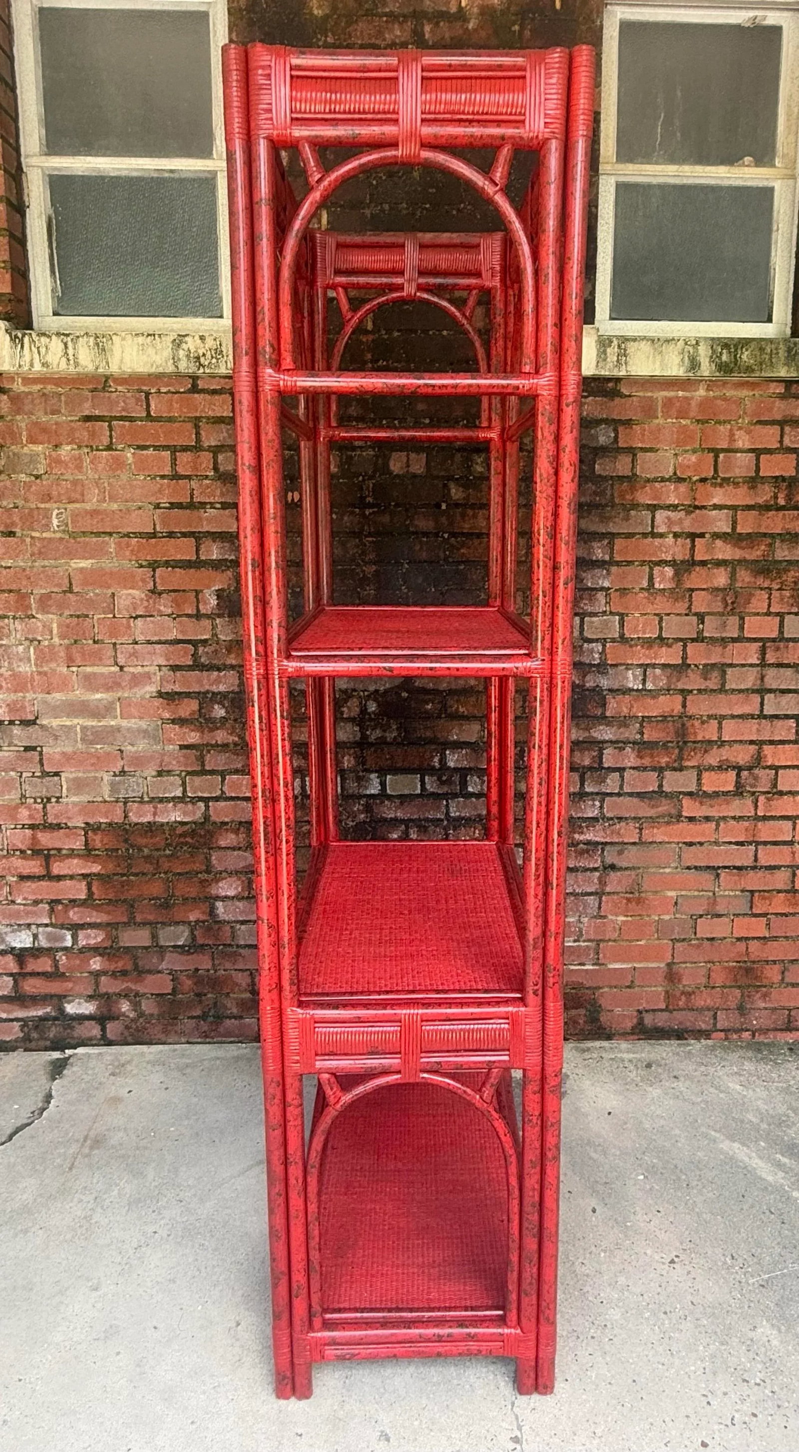 Vintage Rattan Etagere Bookcase in Vermillion Red With Faux Tortoise Shell Finish - Newly Painted - 10