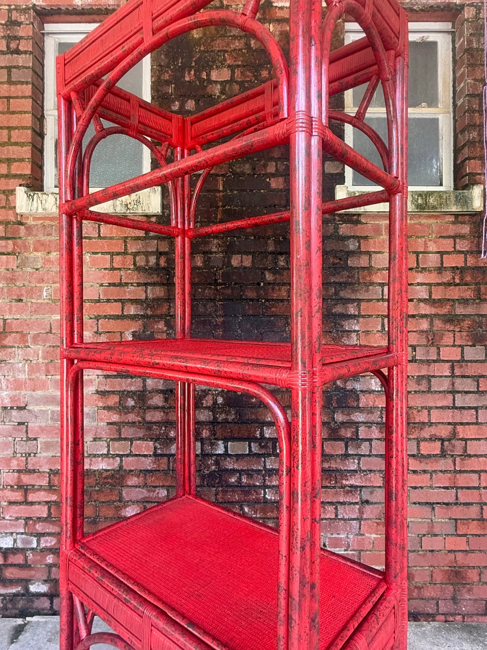 Vintage Rattan Etagere Bookcase in Vermillion Red With Faux Tortoise Shell Finish - Newly Painted - 11
