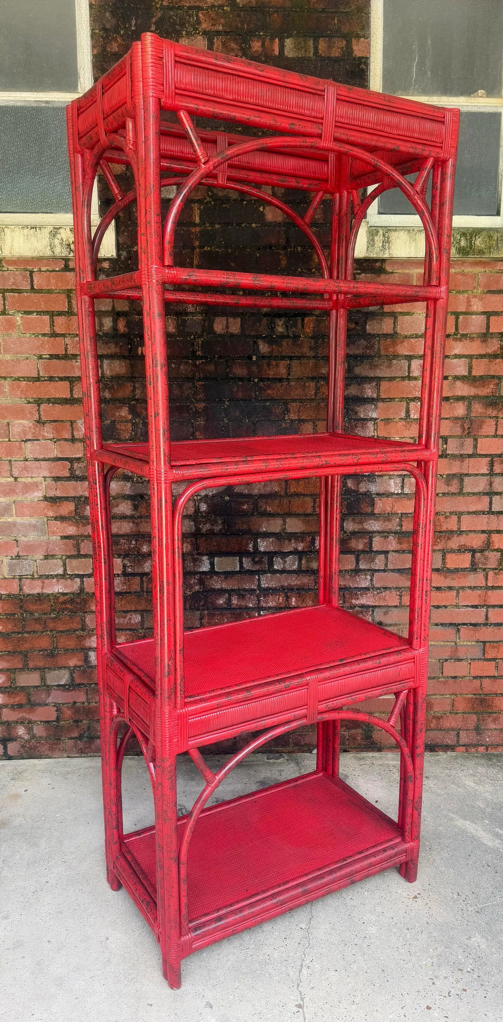 Vintage Rattan Etagere Bookcase in Vermillion Red With Faux Tortoise Shell Finish - Newly Painted - 2