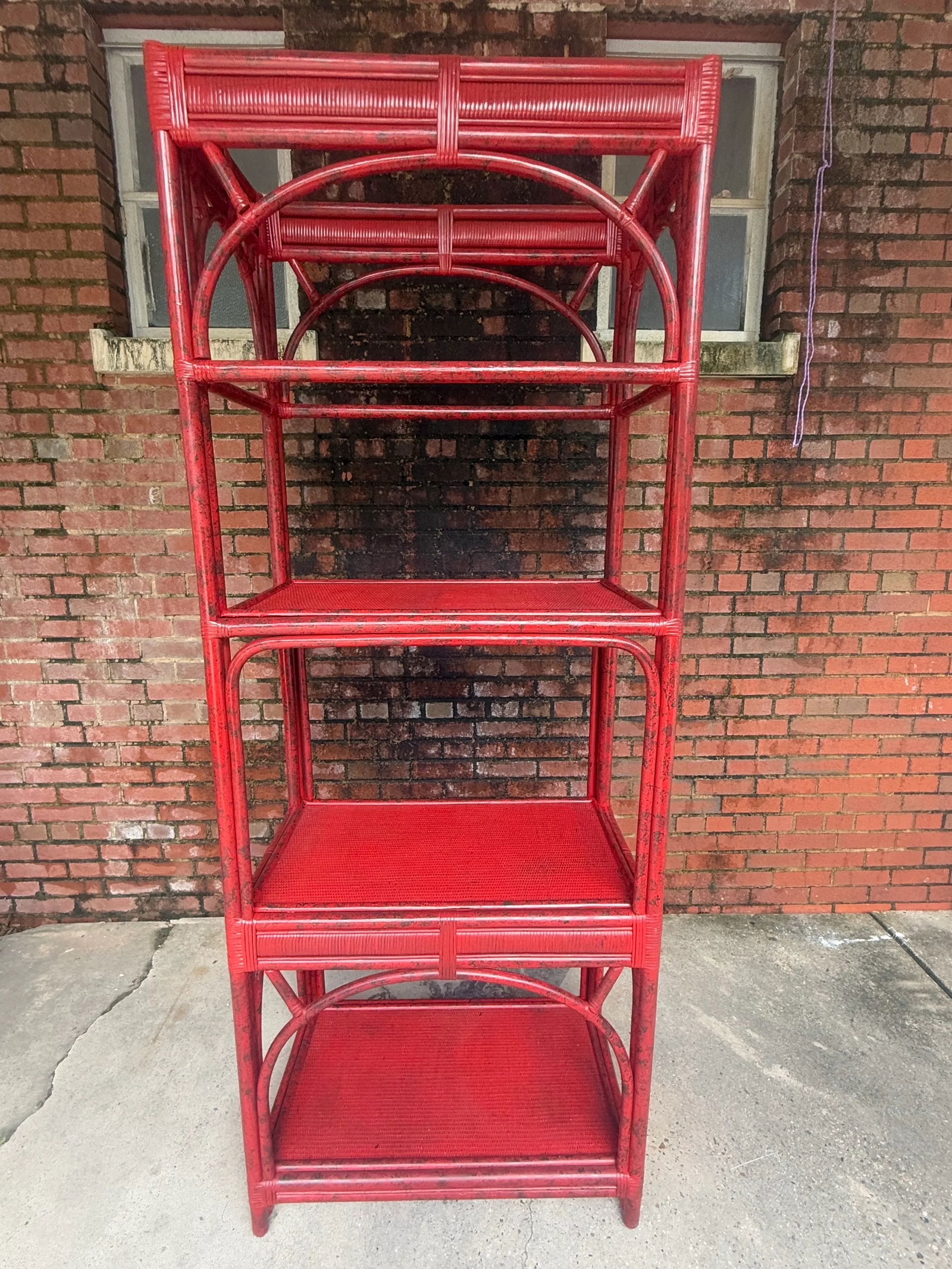 Vintage Rattan Etagere Bookcase in Vermillion Red With Faux Tortoise Shell Finish - Newly Painted - 3