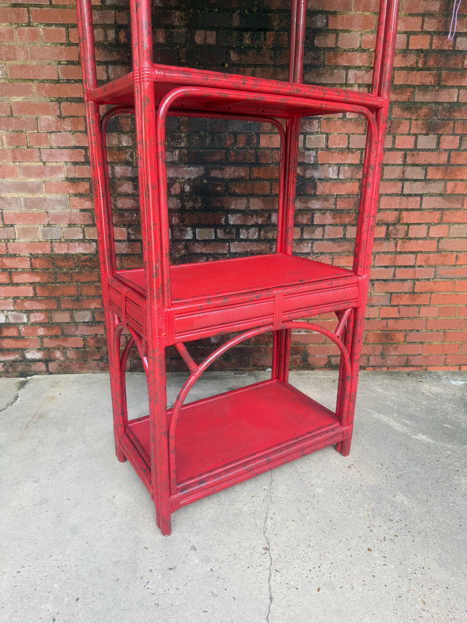 Vintage Rattan Etagere Bookcase in Vermillion Red With Faux Tortoise Shell Finish - Newly Painted - 4
