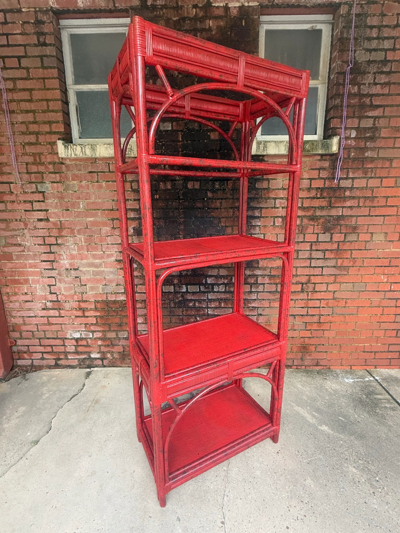 Vintage Rattan Etagere Bookcase in Vermillion Red With Faux Tortoise Shell Finish - Newly Painted - 5