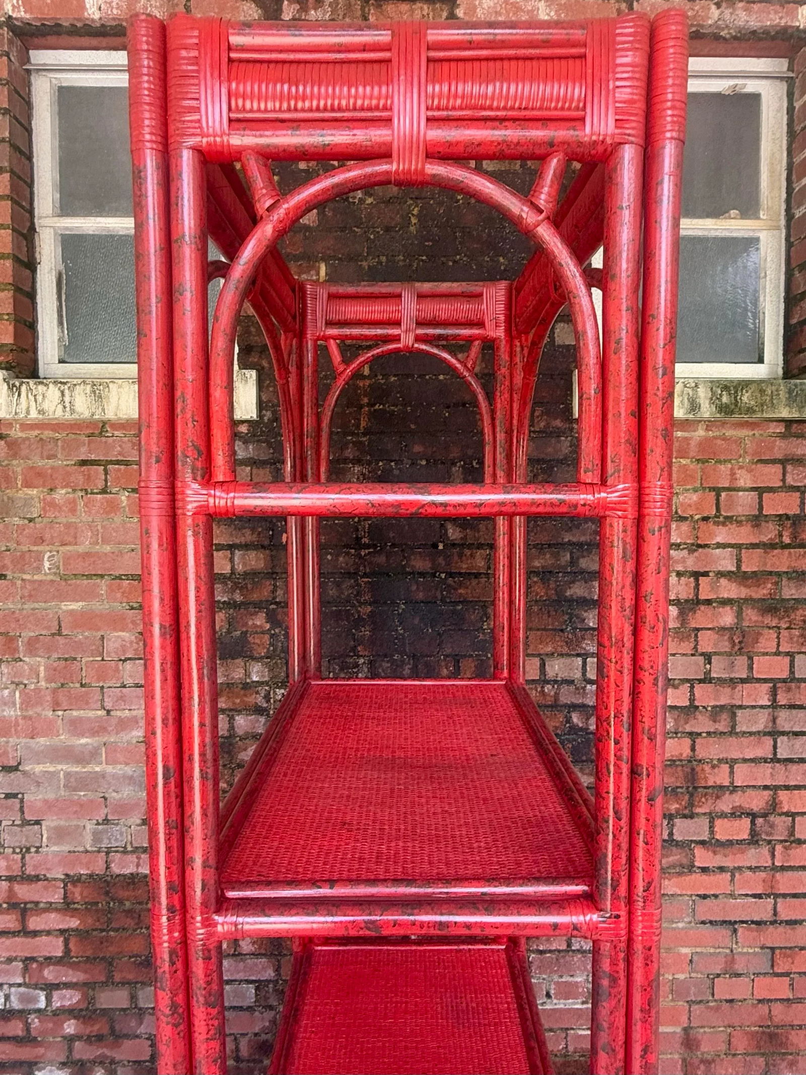Vintage Rattan Etagere Bookcase in Vermillion Red With Faux Tortoise Shell Finish - Newly Painted - 6