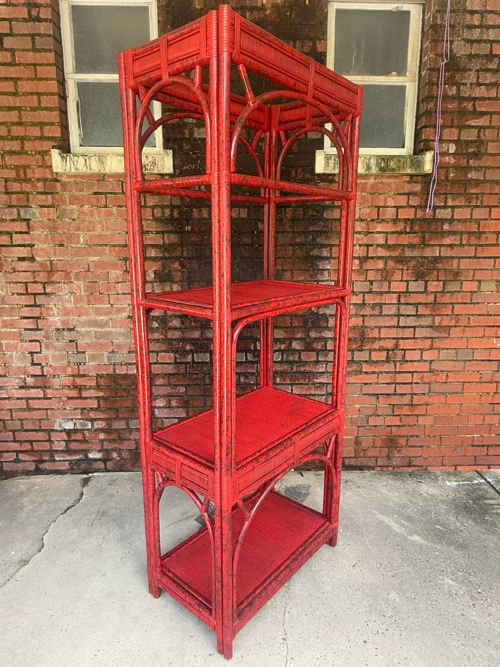 Vintage Rattan Etagere Bookcase in Vermillion Red With Faux Tortoise Shell Finish - Newly Painted - 7