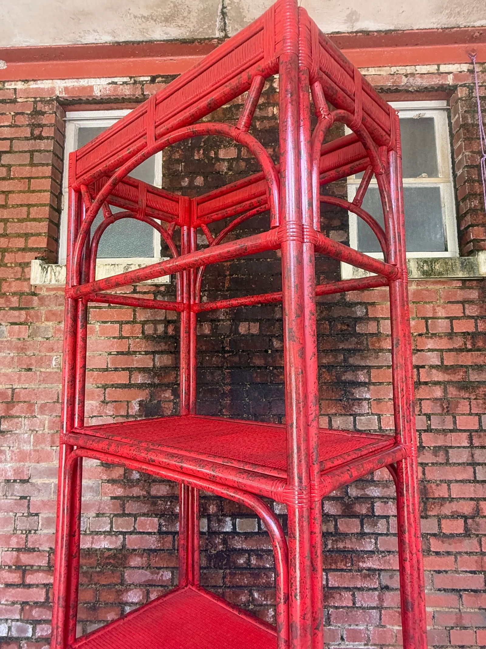 Vintage Rattan Etagere Bookcase in Vermillion Red With Faux Tortoise Shell Finish - Newly Painted - 8