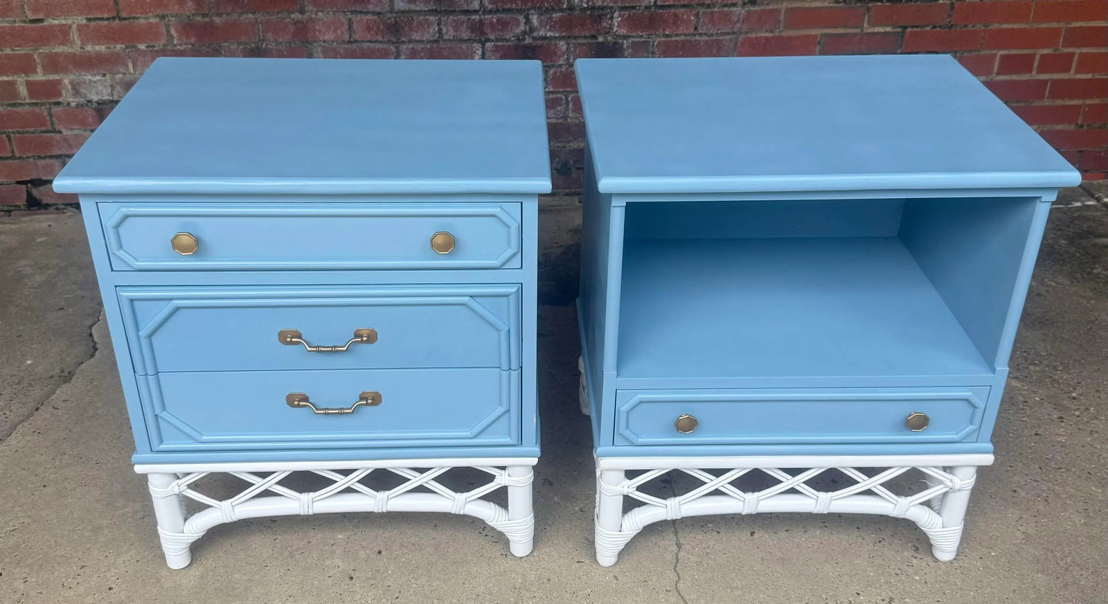 Vintage Palm Beach Regency Ficks Reed Attributed Faux Bamboo Rattan Nightstands - Newly Painted Fren - 2