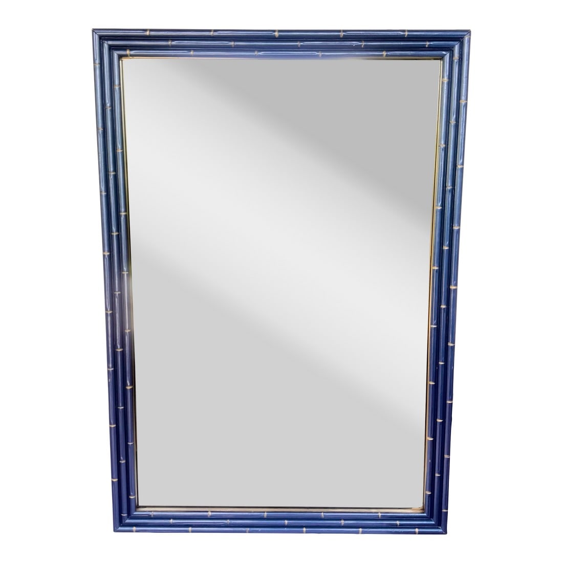 Stunning Vintage Large Faux Bamboo Wall Mirror in Metallic Blue With Gold Accents – Newly: Step into a realm of elegance with this stunning Vintage Faux Bamboo Wall Mirror, beautifully reimagined in our Turtle and Crane Atelier. This exquisite piece features a striking metallic blue finish