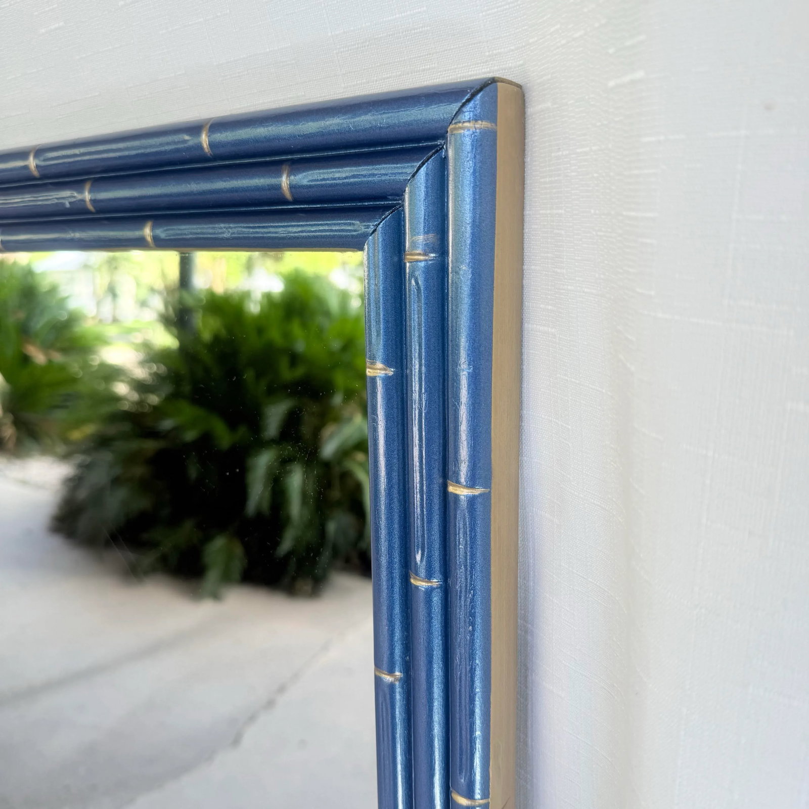 Stunning Vintage Large Faux Bamboo Wall Mirror in Metallic Blue With Gold Accents – Newly - 5