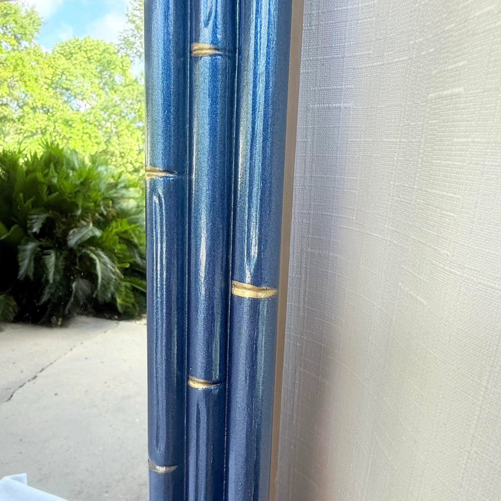 Stunning Vintage Large Faux Bamboo Wall Mirror in Metallic Blue With Gold Accents – Newly - 6