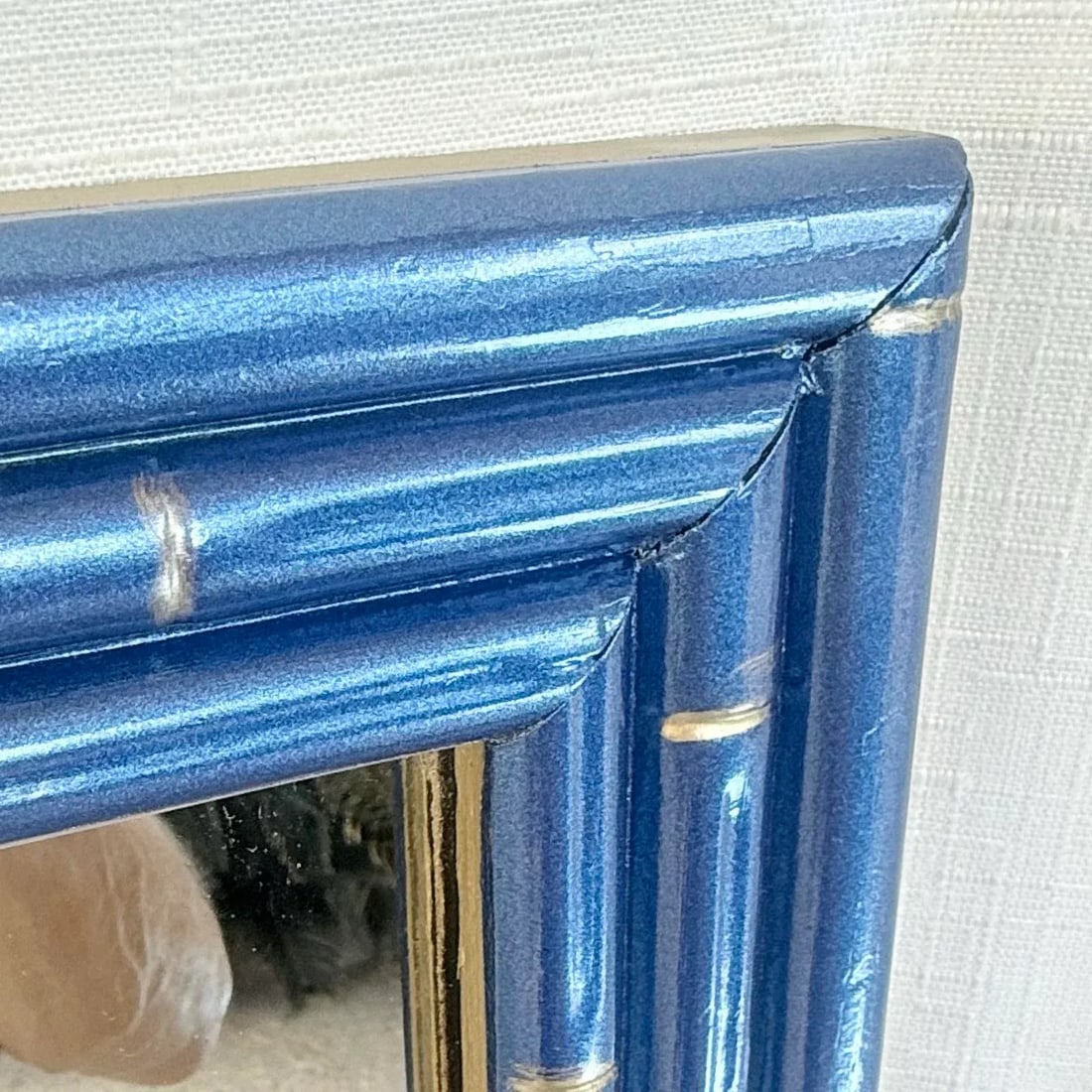 Stunning Vintage Large Faux Bamboo Wall Mirror in Metallic Blue With Gold Accents – Newly - 7