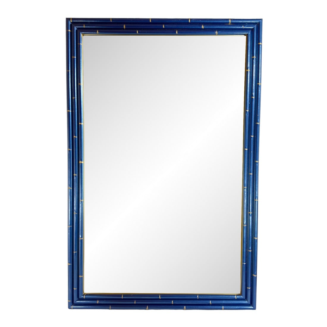 Chic Vintage Palm Beach Regency Medium Faux Bamboo Wall Mirror Newly Painted Blue With Hand Gilt Acc: ****We have two sizes available. See our other listing for larger size. Introducing the Vintage Faux Bamboo Wall Mirror, a stunning addition to your décor that combines timeless elegance with a m