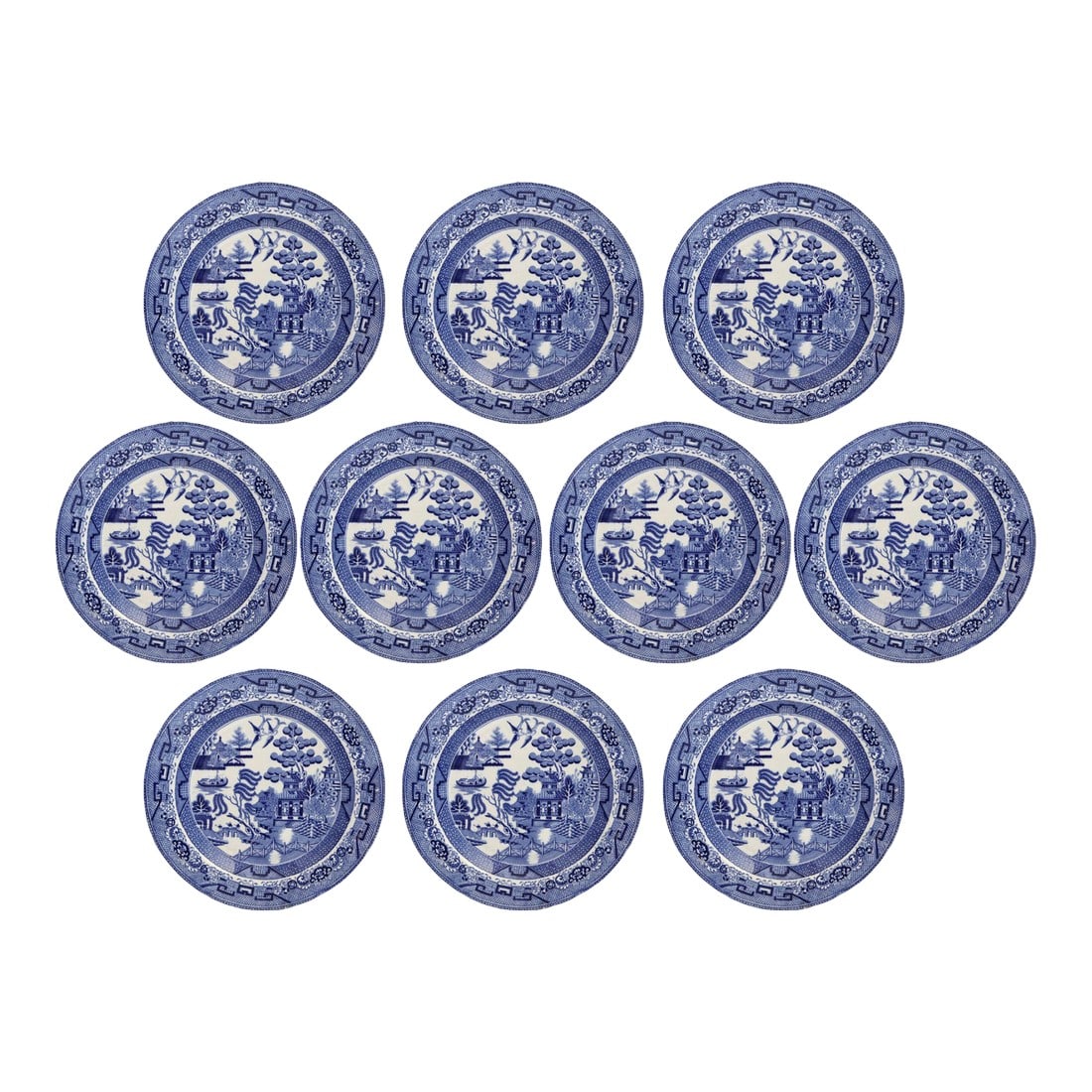 19th Century English Willow Plates, Set of 10: Set of 10 English blue and white Willow 8.75" luncheon plates, circa 1850. Made of earthenware with rich cobalt transfer decoration and scalloped rims. Marked "Warranted Staffordshire," a mid-19th-cen