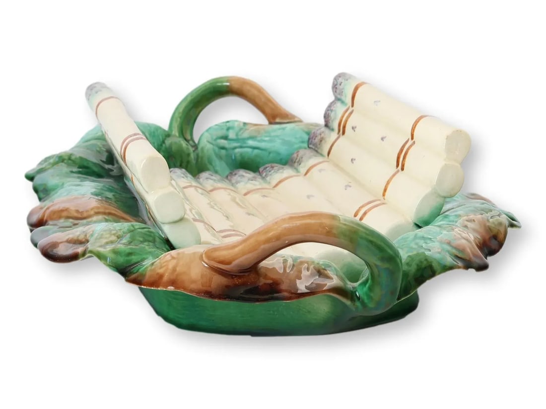 Antique French Creil Et Montereau Barbotine Majolica Asparagus Cradle - 3