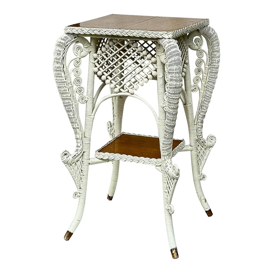 Antique Victorian Wicker Plant Stand or Occasional Table, Lattice Apron: A sculptural antique Victorian era wicker table with ornate scrollwork and a two-tier design – perfect as a plant stand, pedestal, or decorative side table. A highly decorative Victorian wicker
