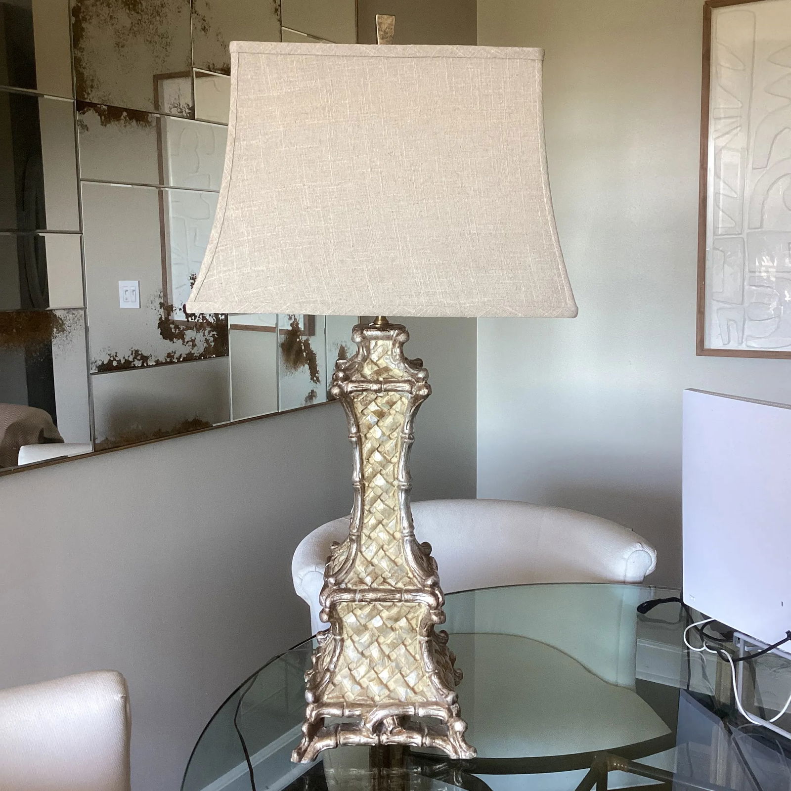 Vintage Italian Pagoda Style Lamp With Linen Shade - 3