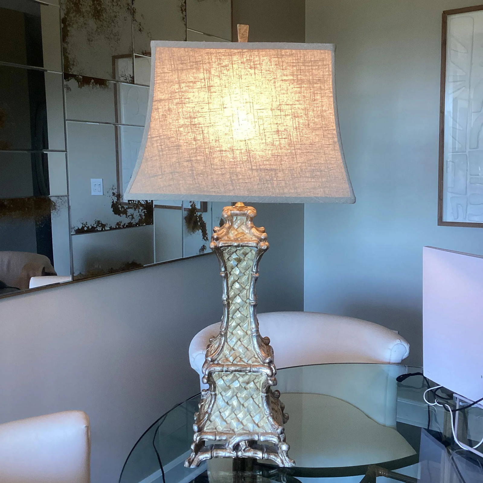 Vintage Italian Pagoda Style Lamp With Linen Shade - 4