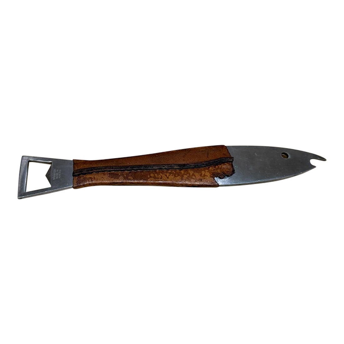 Original Carl Aubock Neptune Fish Bottle Opener Leather Handle Austria Mid Century: For your consideration, a Carl Aubock bottle opener. Fish shape with leather handle. Stamped AUBOCK. Stainless Steel, MADE IN AUSTRIA. Stainless steel and leather Dimensions: 9.5 long x 1.38 x .25 thi