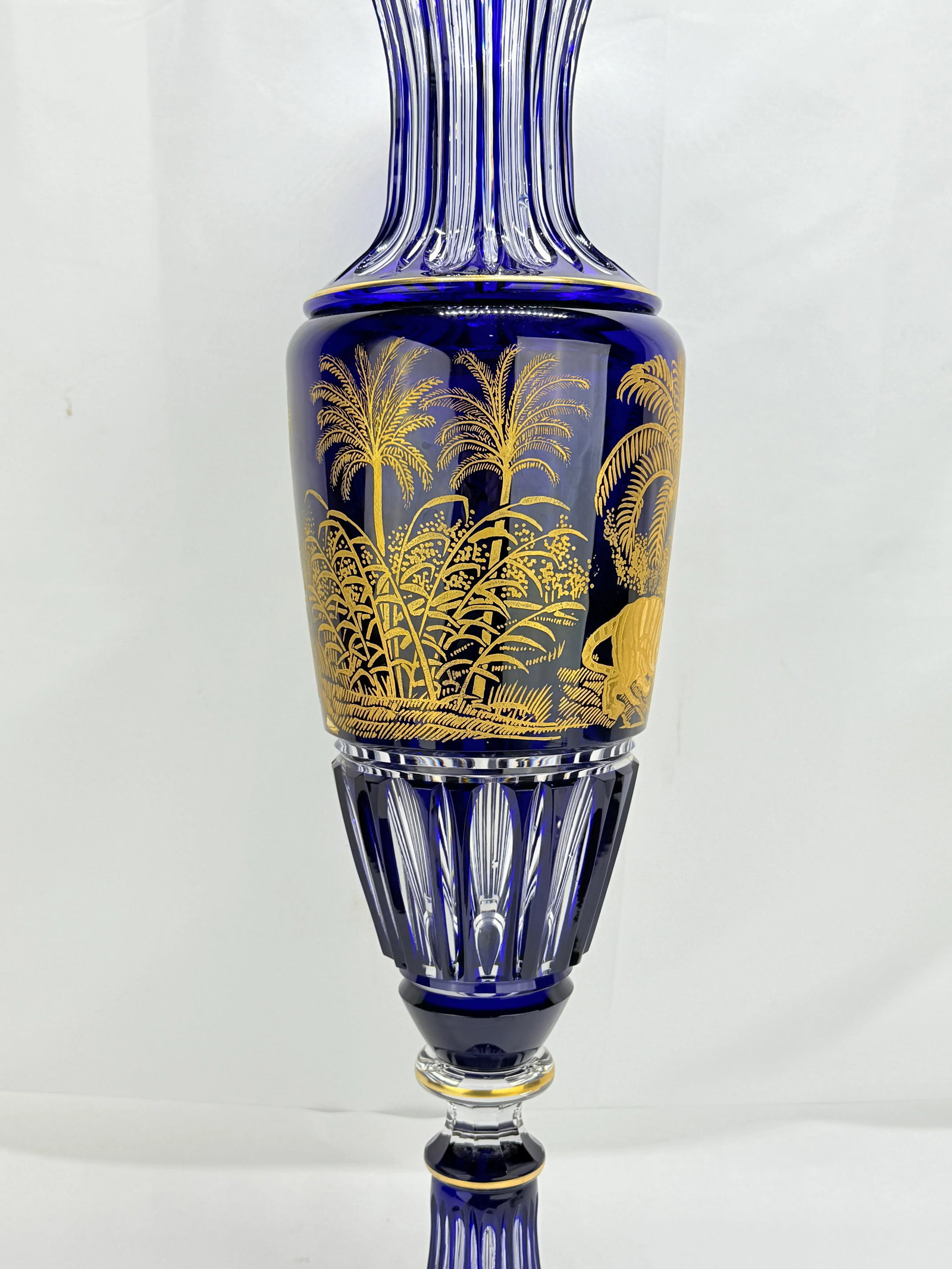 Monumental Saint Louis Cobalt & Gilt Cut-Crystal Vase, "African Jungle" 19th C - 11