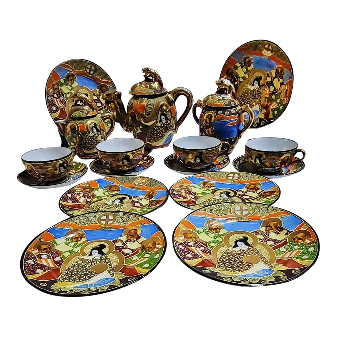 Antique Hand Painted Nippon Bone China Empress & Advisors TeaSet- 17 PCS: Rare 17 piece bone china tea set by Nippon, Made in Japan. Includes: 4 cups, 4 saucers, 6 4 1/4" plates, 1 teapot with lid 5" without lid 8" high with lid, 1 sugar bowl with lid 4" high without 6" hig