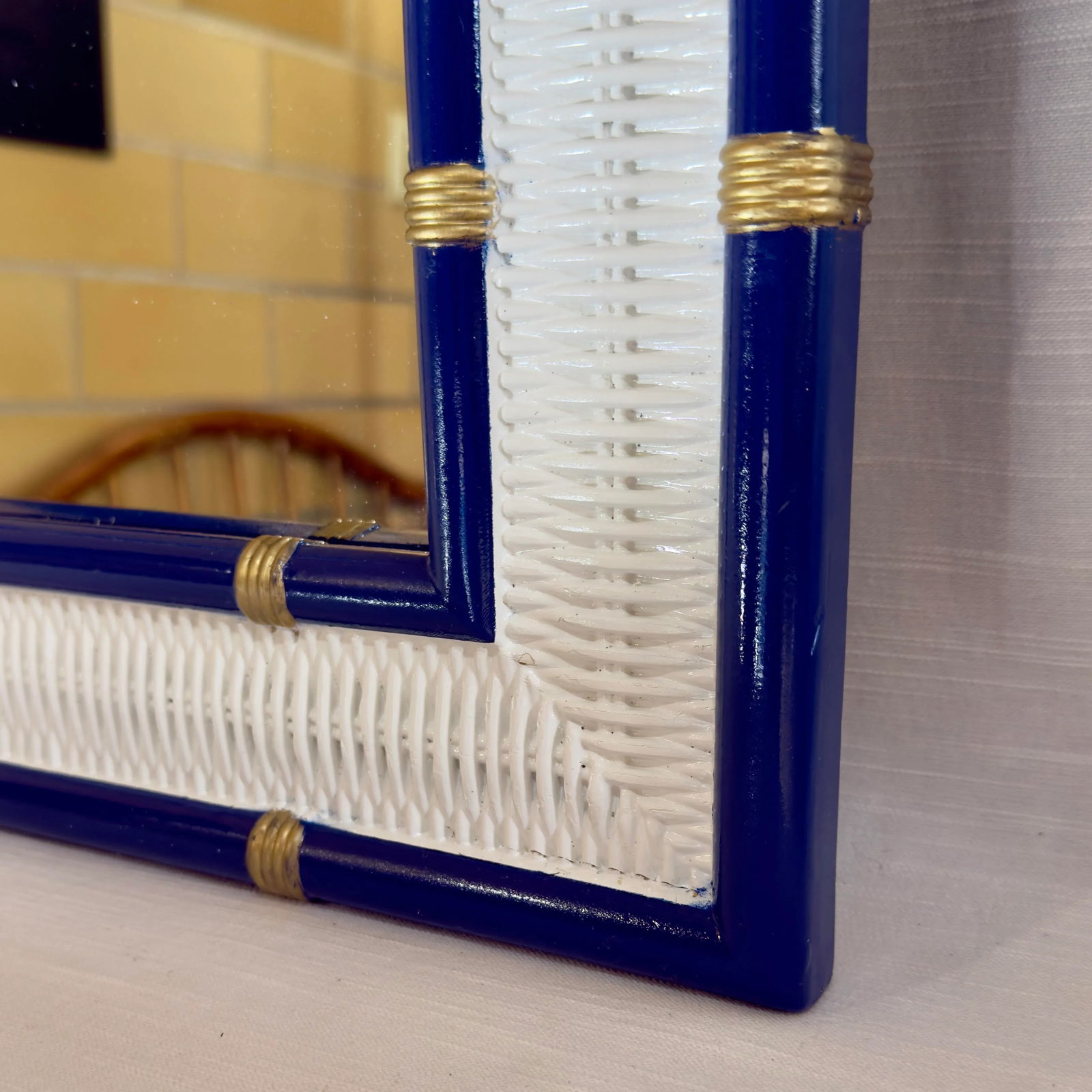 Vintage Palm Beach Regency Chinoiserie Blue and White Faux Bamboo and Wicker Wall Mirror With Gilt A - 2