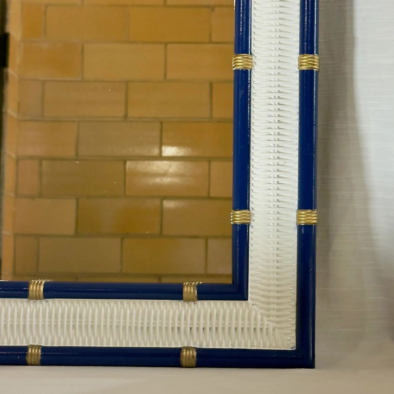 Vintage Palm Beach Regency Chinoiserie Blue and White Faux Bamboo and Wicker Wall Mirror With Gilt A - 7