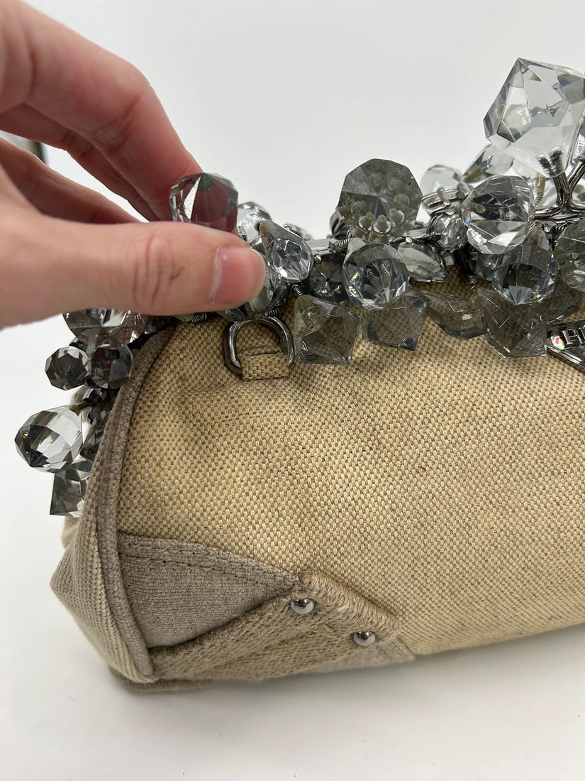 Prada Mistolino Natural Canvas Crystal Beaded Top Pochette - 2