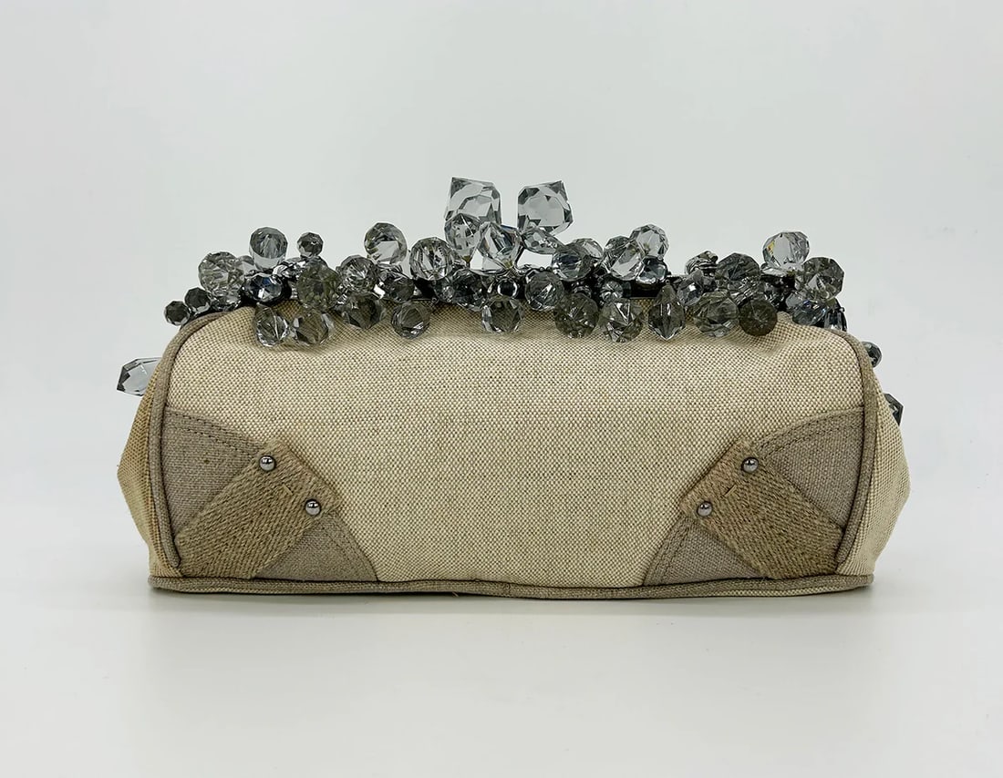 Prada Mistolino Natural Canvas Crystal Beaded Top Pochette - 6