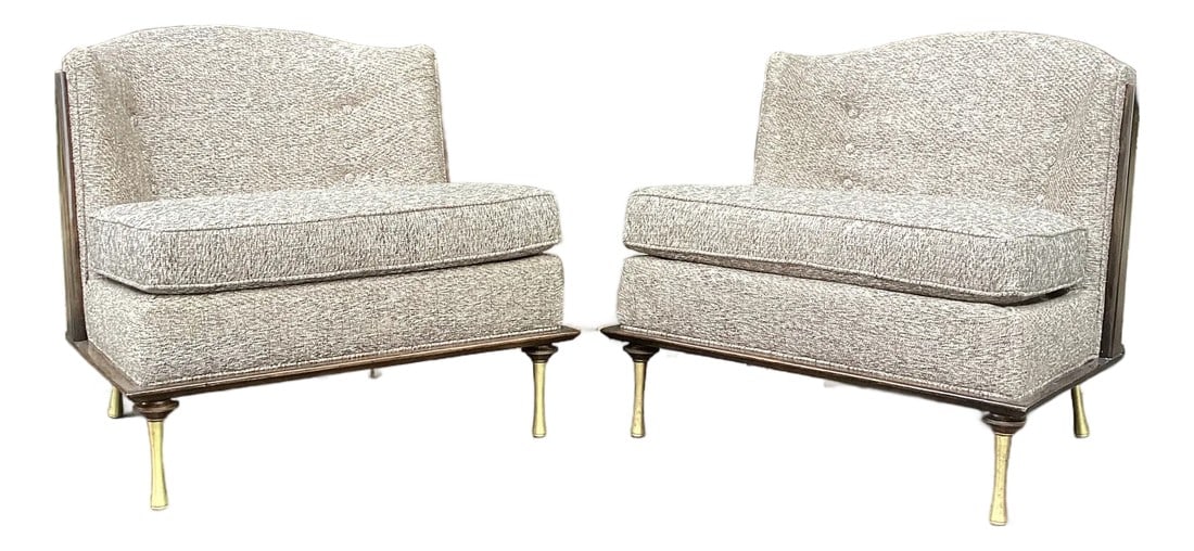 Ico Parisi Attributed Restored Walnut Mid 20th Century Slipper Chairs in Scalamandre: Striking pair of mid-century slipper chairs attributed to Ico Parisi, featuring sculptural walnut frames and dramatic curved backs. The nuanced earthtones of the Scalamandre upholstery adds a