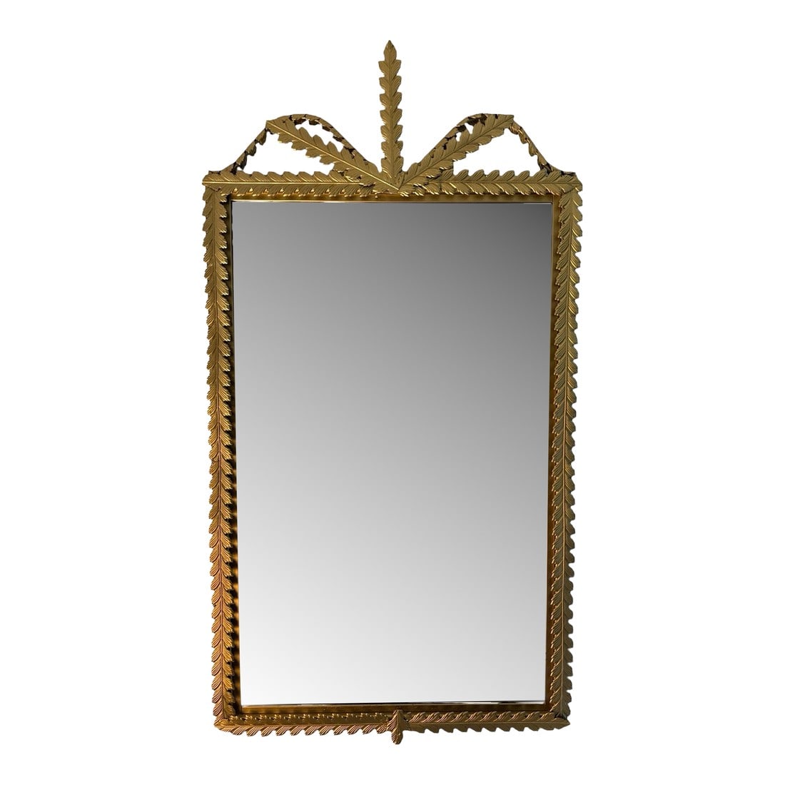 Gold Leaf Mirror Neoclassical Empire Stylized Metal Laurel Leaves: Offering a large vertical mirror with metal laurel leaves throughout. In the manner of Louis XVI Neoclassical Empire. A prominent, vertical stylized leaf forms the central crest, flanked by symmetrica