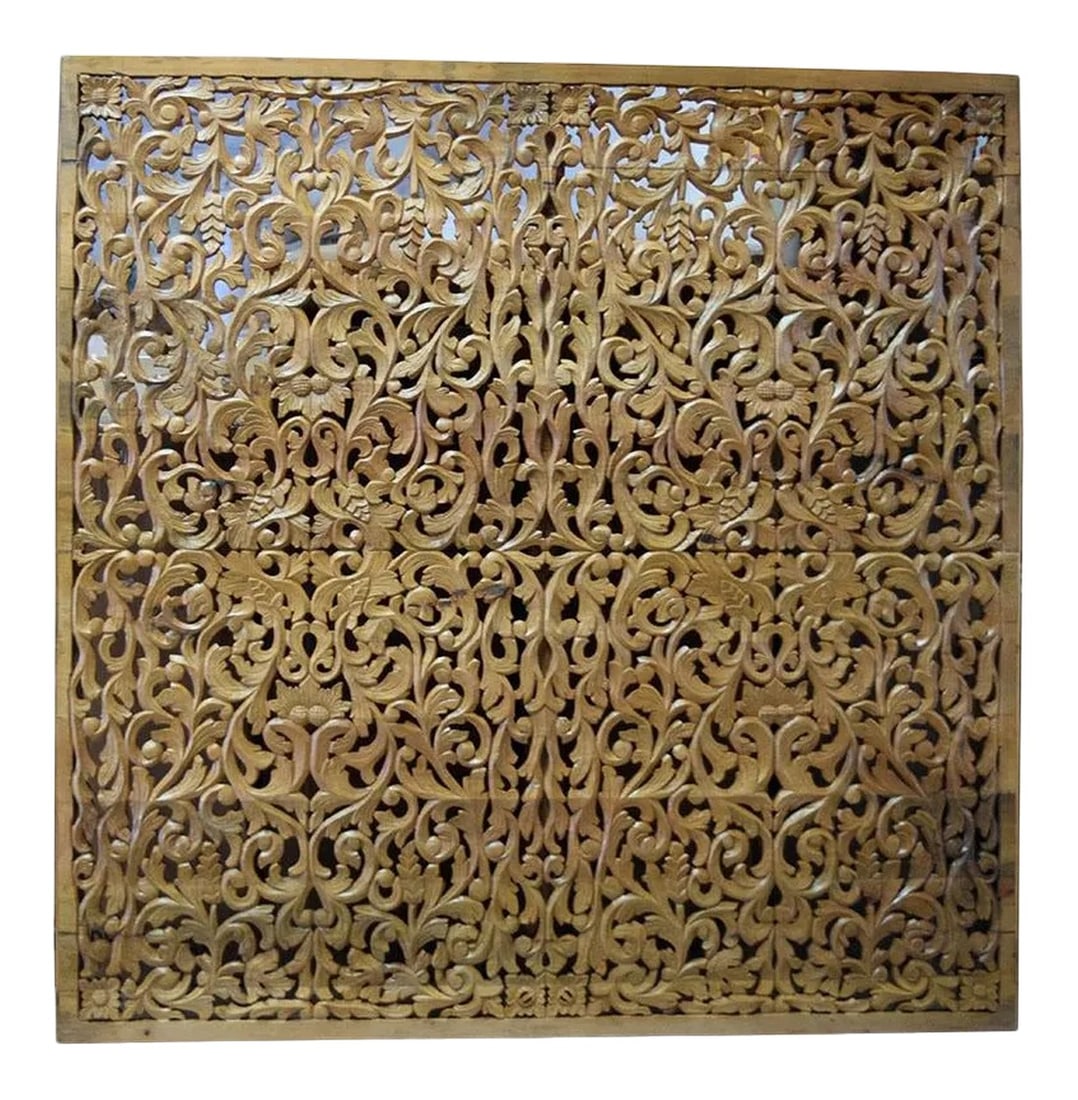 Handmade Hand Carved Wall Panel | Entryway Living Room Decorative Wall Hanging | Farmhouse Squire Pa: Dimensions: 71" W x 2.5" D x 71" H Intricately hand carved fretwork, this wall panel features a floral pattern. The panel is given a hand distressed finish. This wall panel is handcrafted by artisans