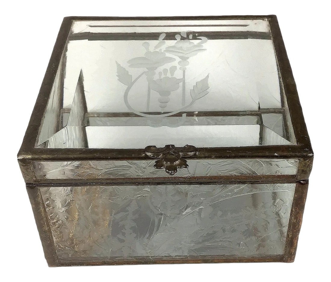 Victorian Etched Glass Jewelry Box: Intricate detail like I have not seen. The workmanship on this box is exquisite. The glass is etched from the inside so the box is smooth on the outside. Lead metal forms the frame and a nice brass ch