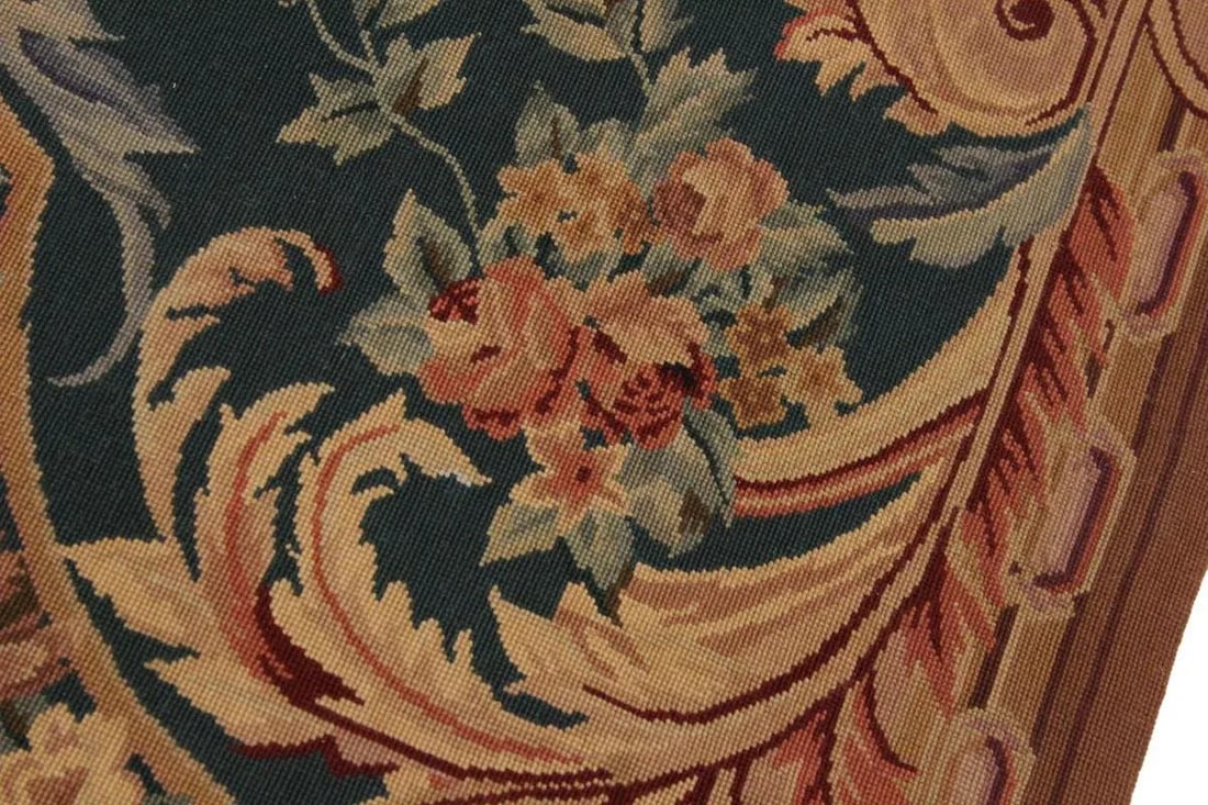 1960s Antique Needlepoint Aubusson Design Green/Tan Handmade Rug - 8