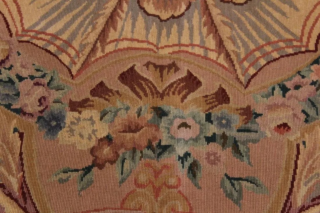 1960s Antique Needlepoint Aubusson Design Green/Tan Handmade Rug - 9