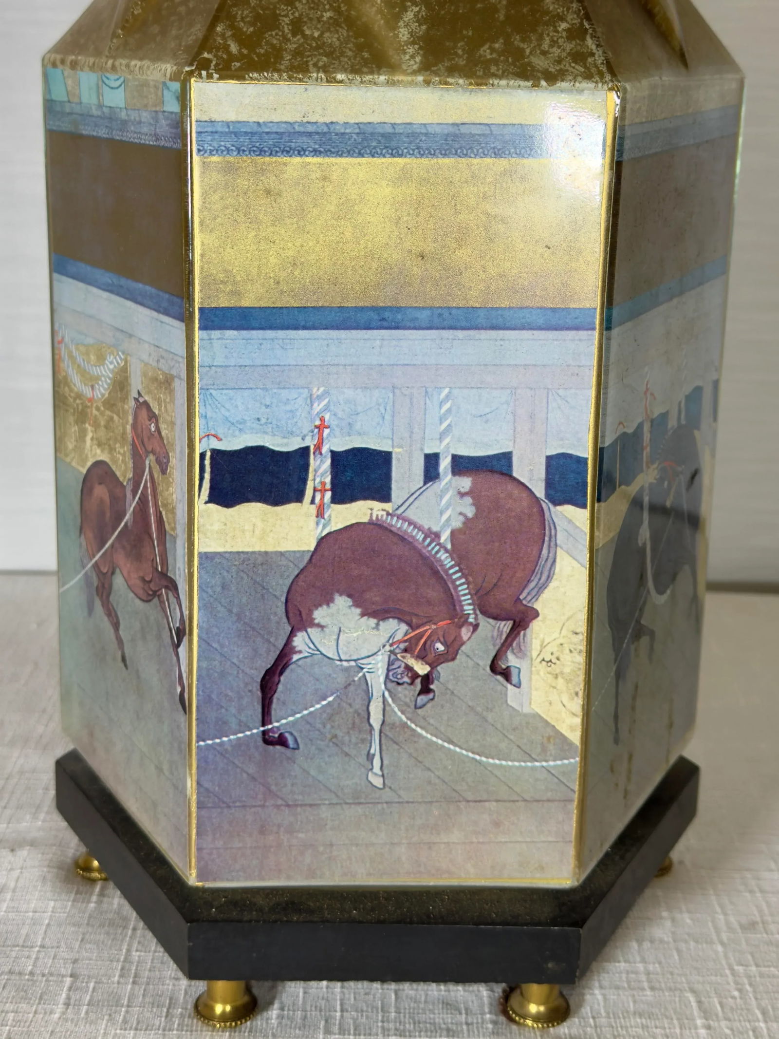 Vintage Late 20th Century Reverse Painted Hexagonal Tang Horse Table Lamp With Bespoke Navy Blue Sha - 7