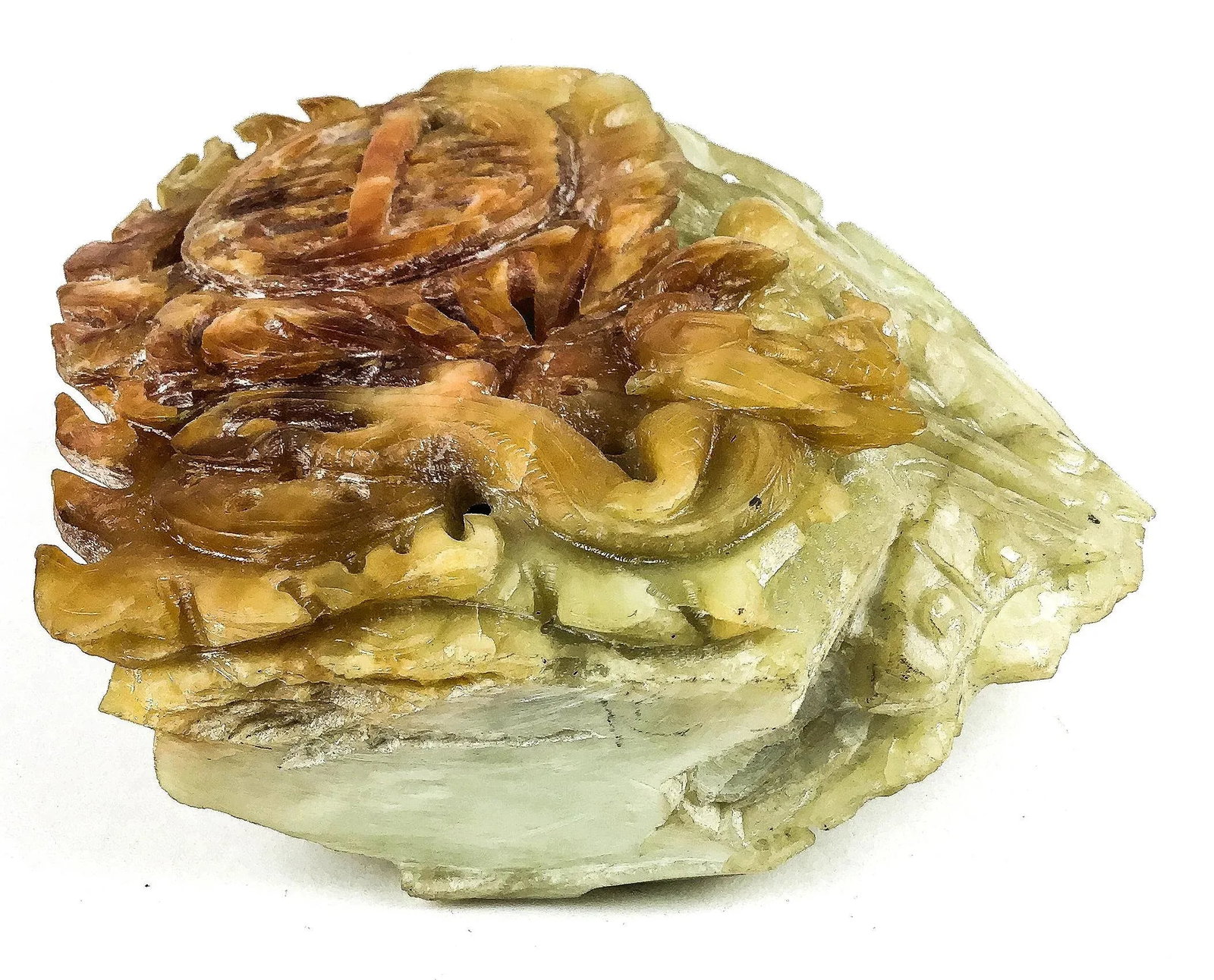 Chinese Celadon & Russet Jade Boulder Carved With 2 Dragons - 12