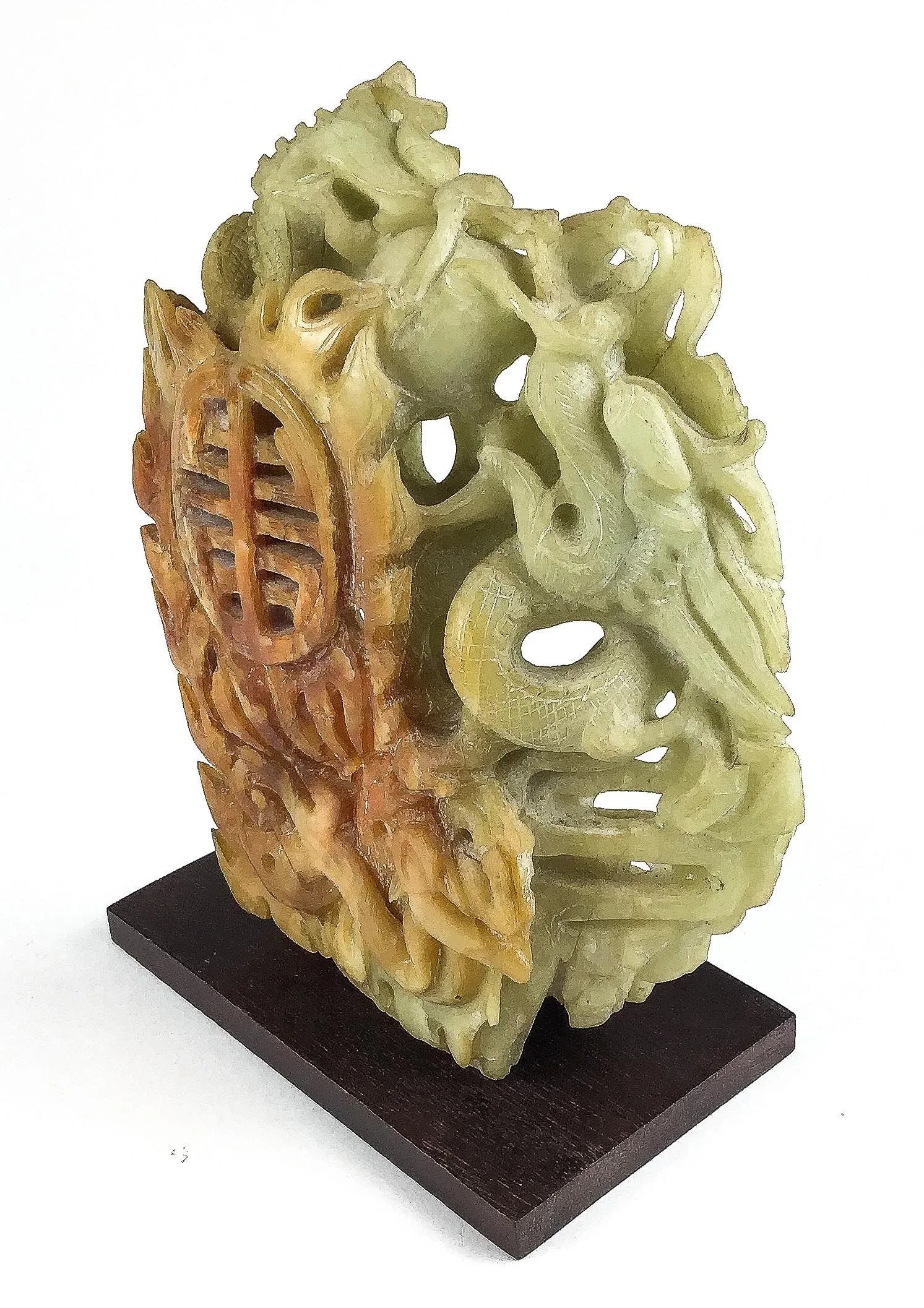 Chinese Celadon & Russet Jade Boulder Carved With 2 Dragons - 13