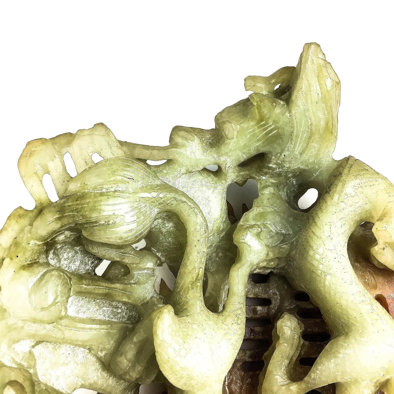 Chinese Celadon & Russet Jade Boulder Carved With 2 Dragons - 3