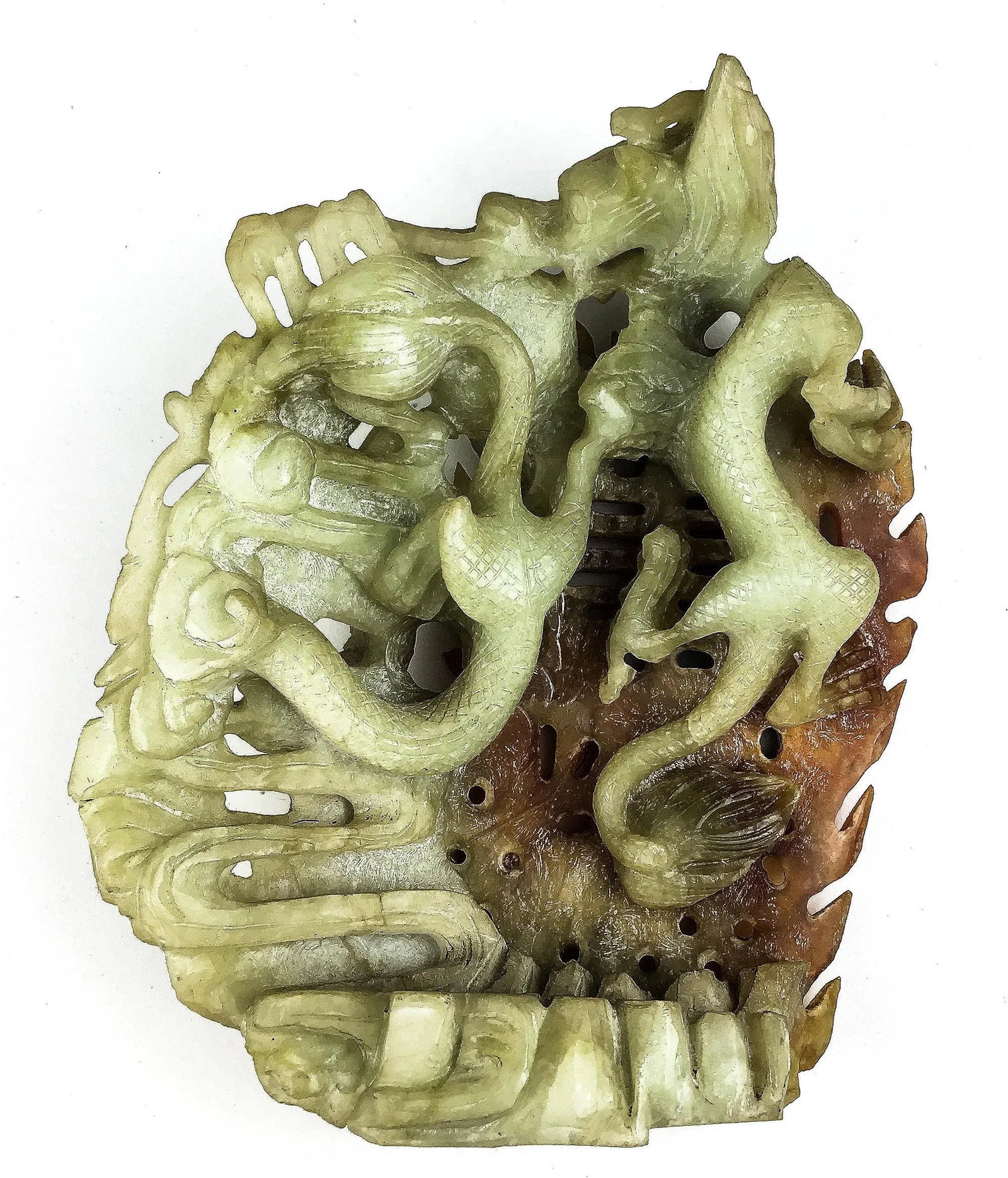 Chinese Celadon & Russet Jade Boulder Carved With 2 Dragons - 5