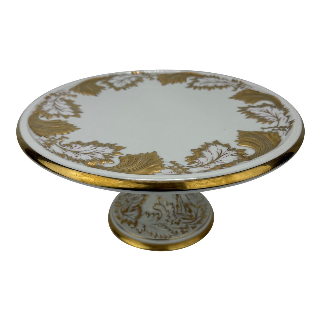 Royal Porzellan Manufaktur Gilded Pedestal Tazza With Scrollwork and Acanthus: **Royal Porzellan Manufaktur Bavaria Gilded Pedestal Tazza with Scrollwork and Acanthus Leaves** A finely crafted footed porcelain tazza by Royal Porzellan Manufaktur Bavaria (marked "R.P.M."), dating