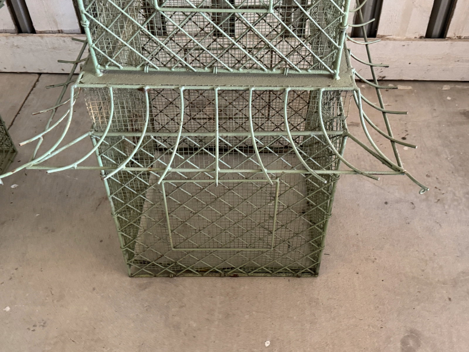 Pair of Monumental Chinoiserie Style Painted Iron Pagoda-Form Birdcages - 8