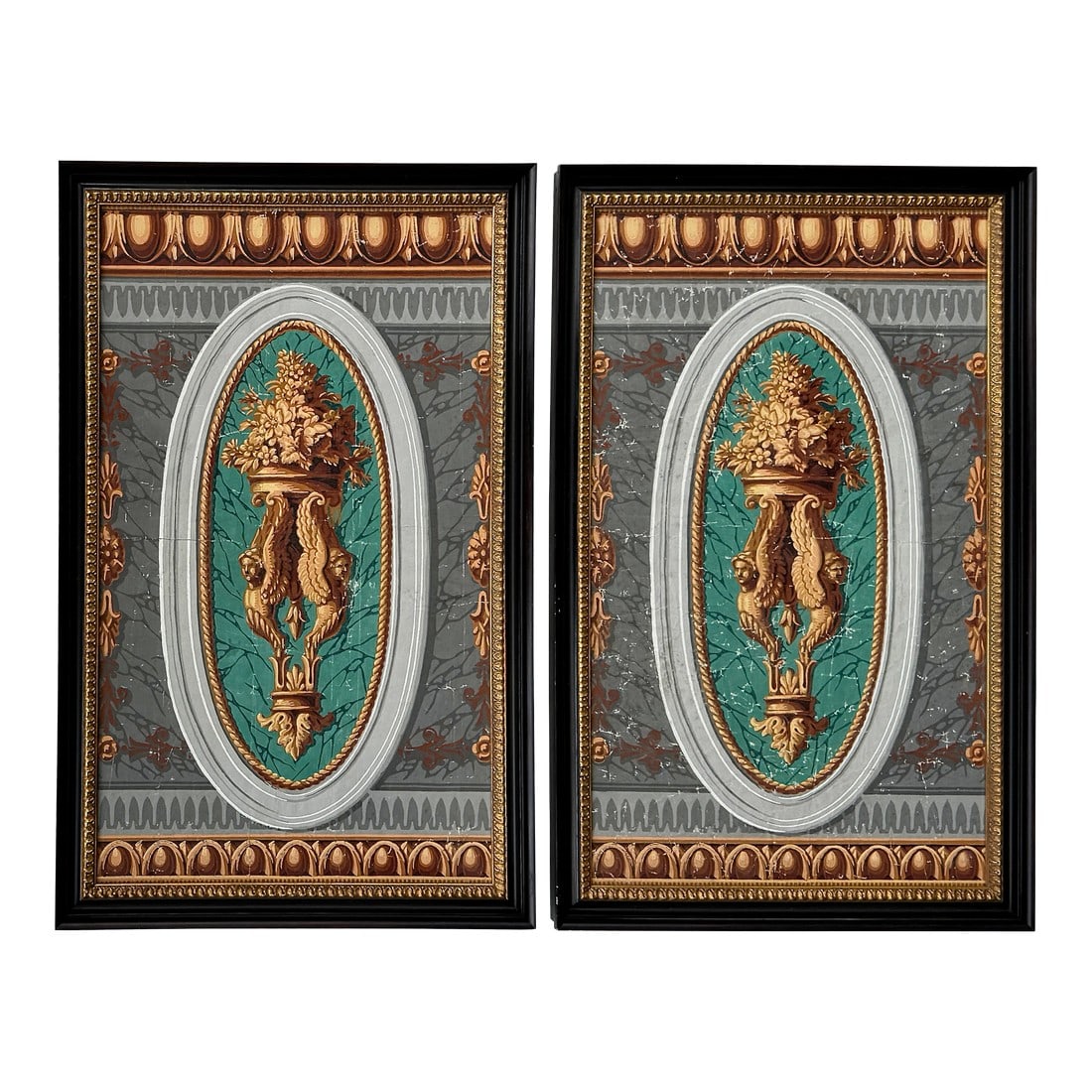 Antique Neoclassical Wallpaper Panels Attributed to Zuber, Pair: Pair of early 19th-century French Neoclassical wallpaper panels, block-printed and newly framed"”rich in classical detail with urns, griffins, and faux-marble surrounds A striking pair of early