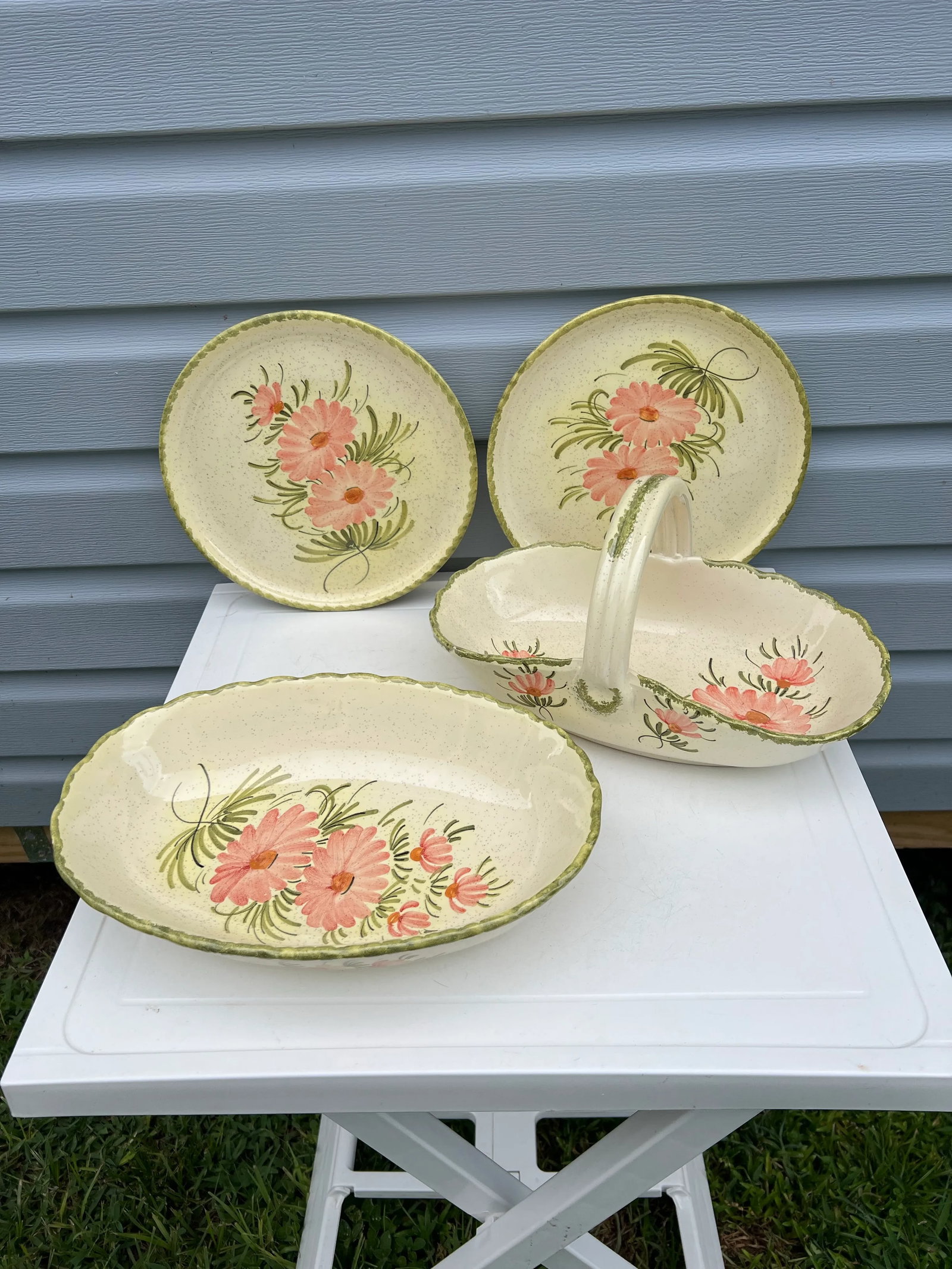 Vintage Floral Serving Bowl & Plates - Signed Set of 4 - 10