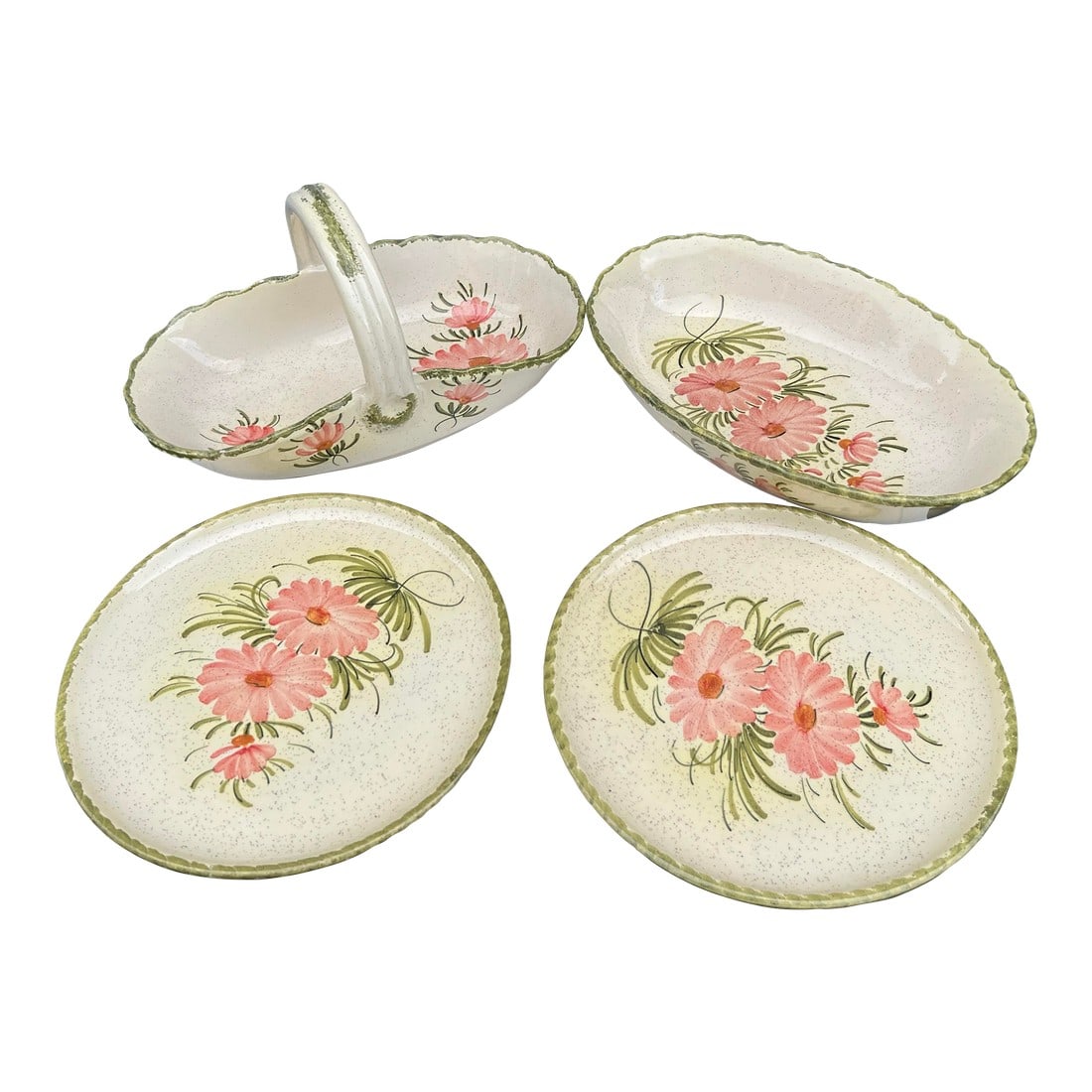 Vintage Floral Serving Bowl & Plates - Signed Set of 4: Floral Handpainted ceramic set of serving dishes including plates and oval bowl and basket. Ceramic Stoneware hand painted. Made In France By Brigitte. Marked on the bottom of each. * 2 Footed Plates