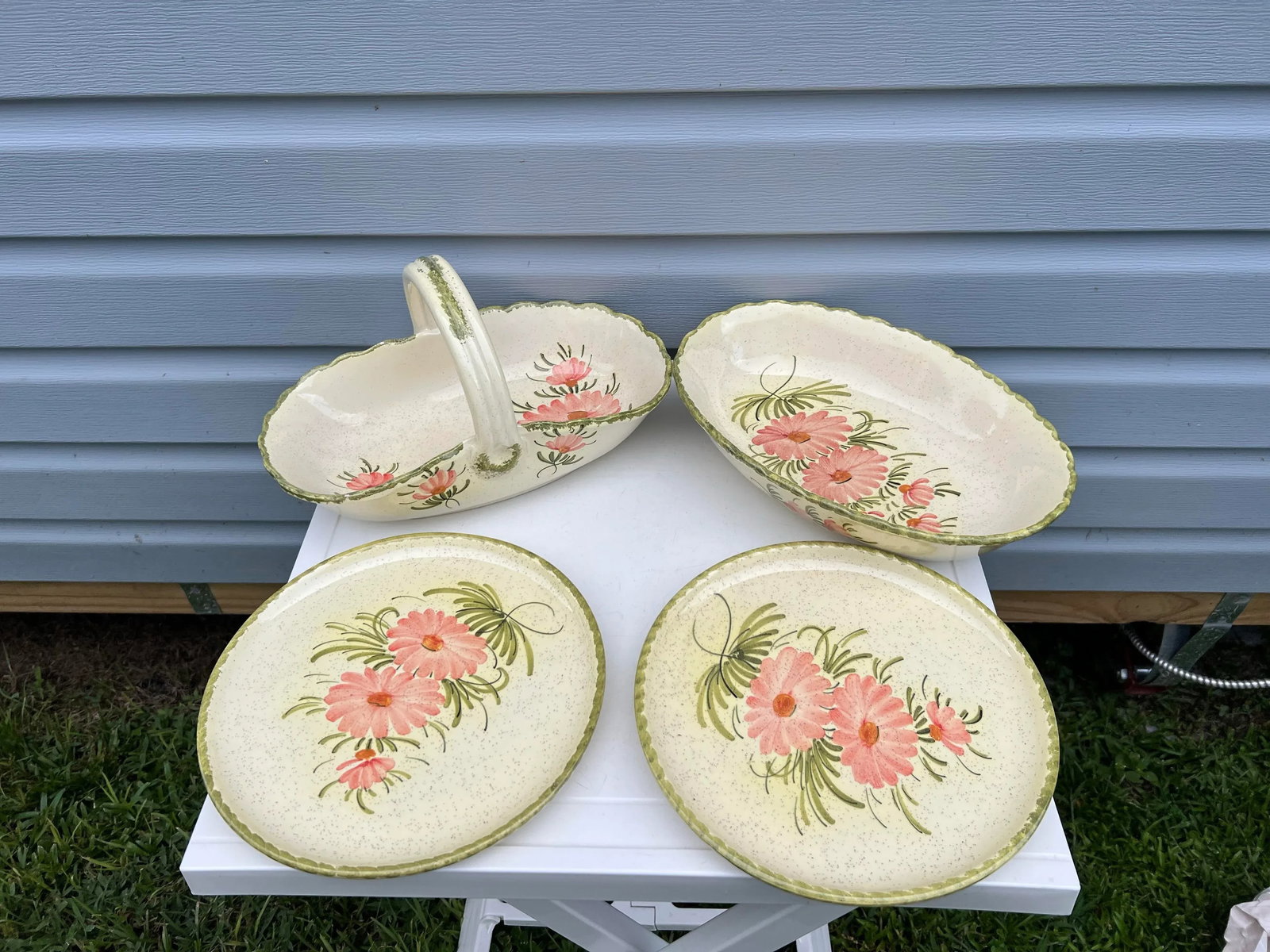 Vintage Floral Serving Bowl & Plates - Signed Set of 4 - 2