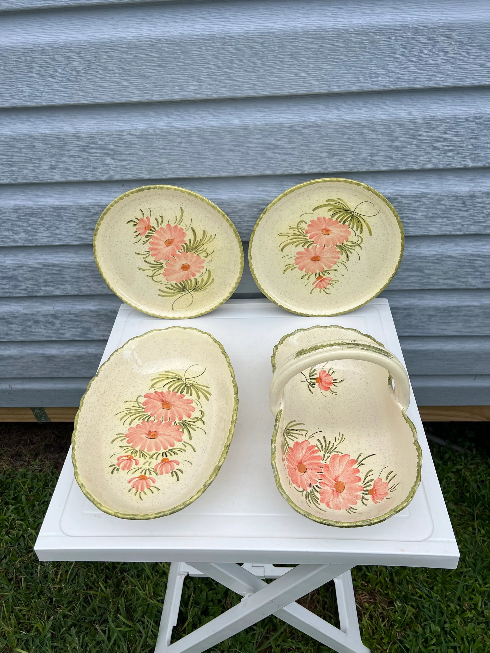 Vintage Floral Serving Bowl & Plates - Signed Set of 4 - 7