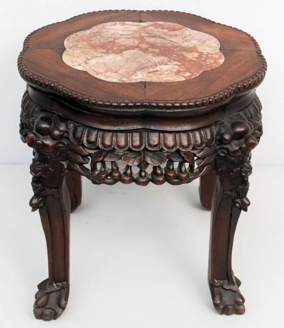 Antique Chinese Hardwood. Heavily Carved Plant Stand or End Table - 4