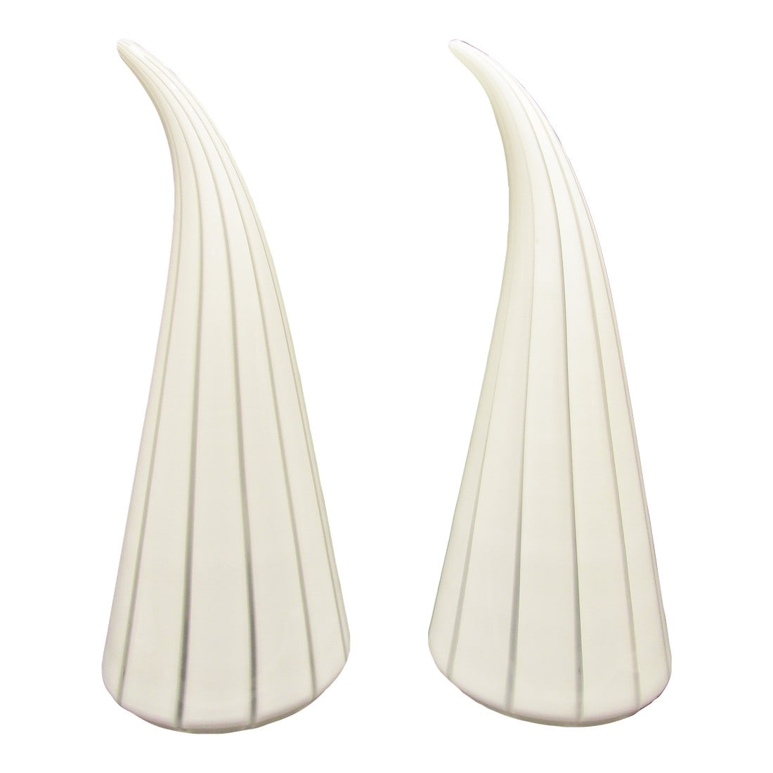 Pair of Large Italian Murano Glass White and Striped Horn Shaped Table Lamps: These large Italian Murano glass table lamps feature a stunning design of white and striped horn-shaped shades, adding a touch of vintage elegance to any room. Crafted in Italy during the 1960s, these