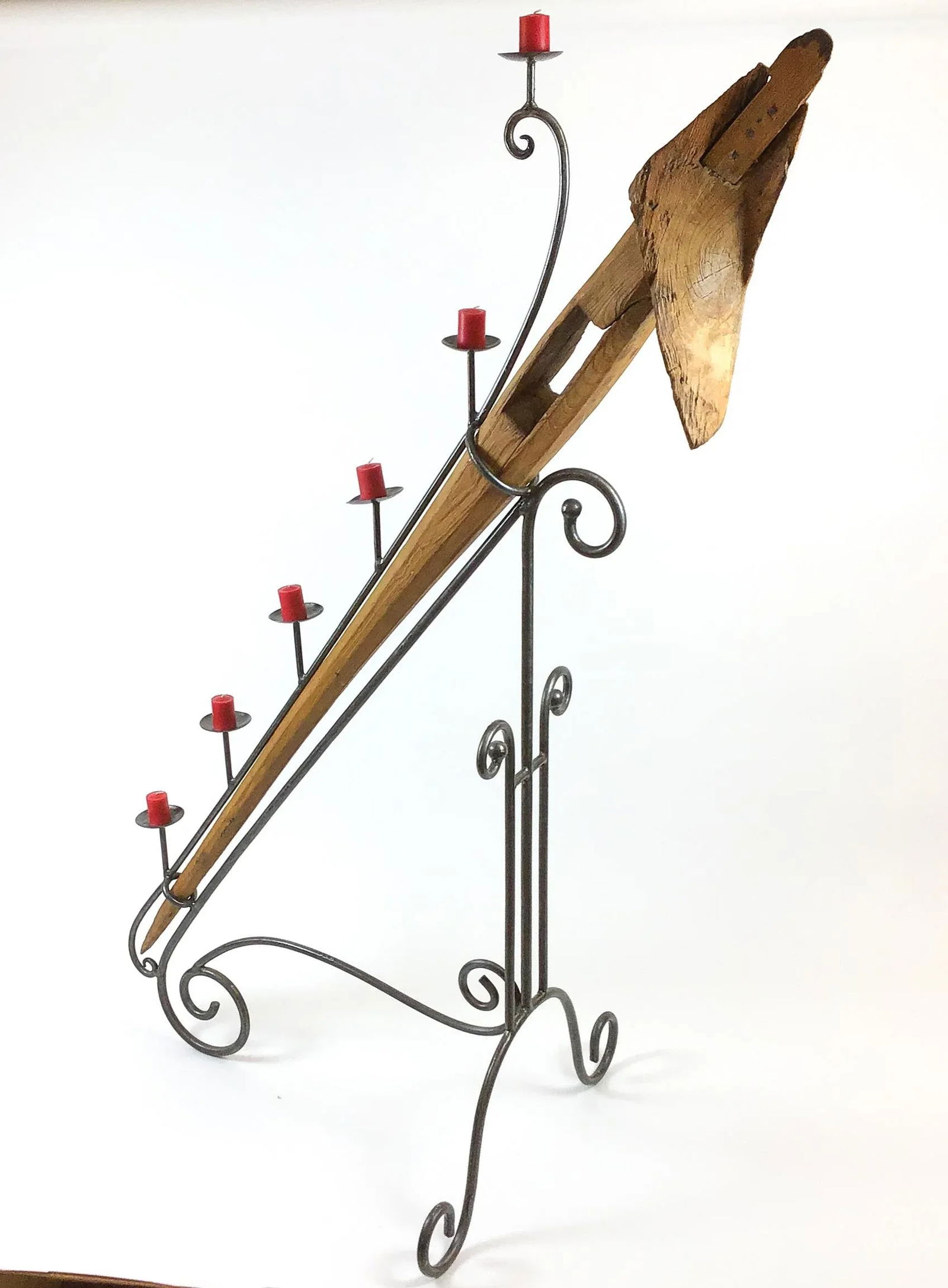 Large Antique Artisan Wooden Plow Sculpture Candle Holder - 4