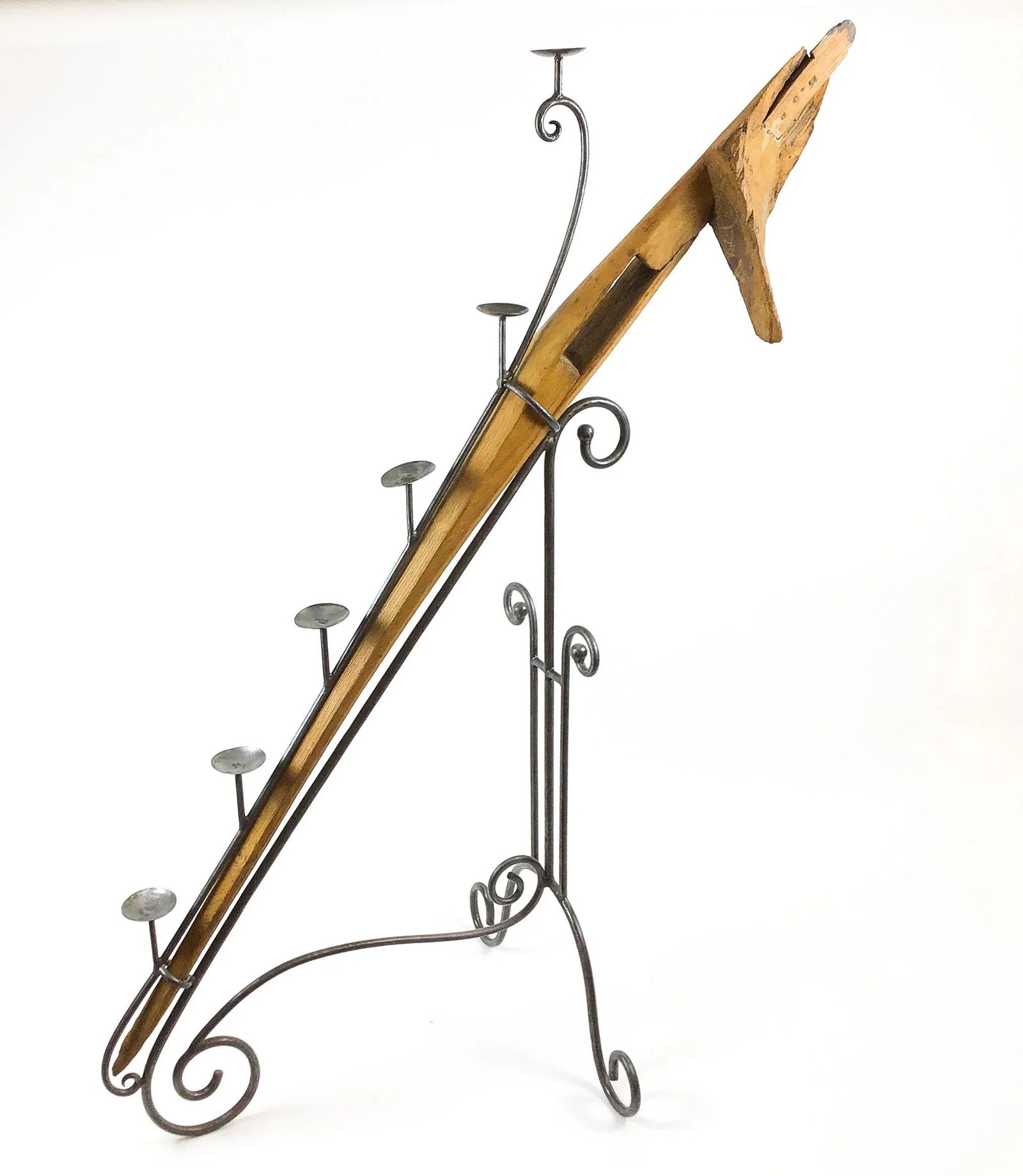 Large Antique Artisan Wooden Plow Sculpture Candle Holder - 7